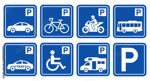 Parking sign set. Parking sign car, bicycle, motorcycle, bus, disabled person, campervan, visitor parking signboard. Vector illustration.