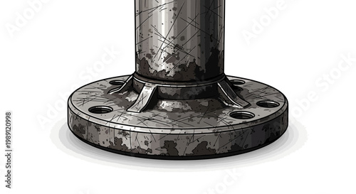 Industrial metal pipe flange with bolts, grunge texture, isolated on white