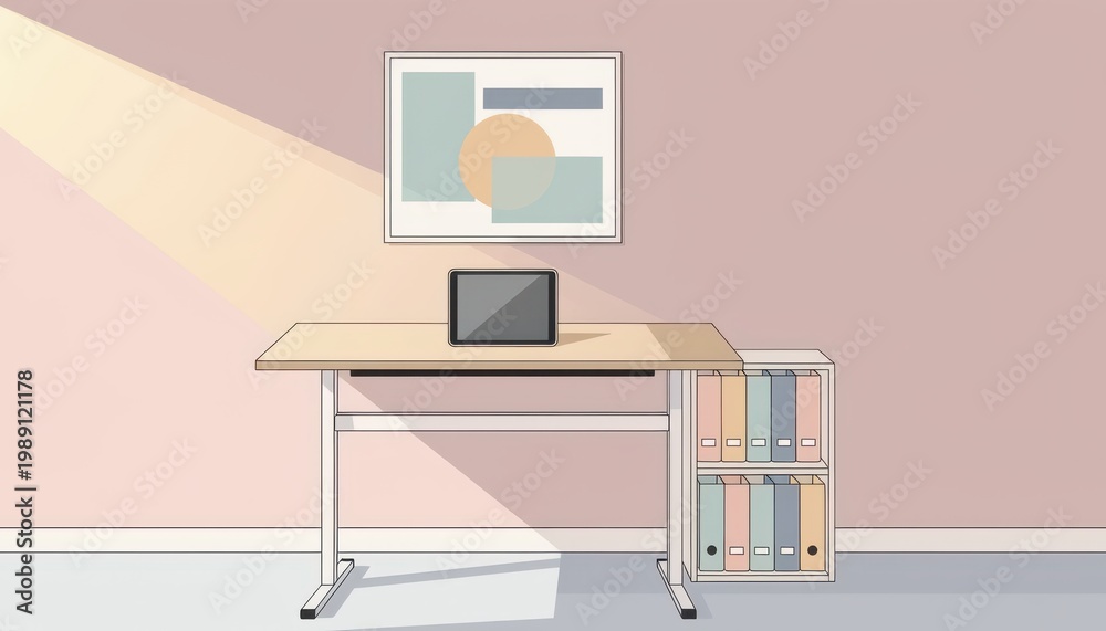 Naklejka premium A laptop sits on a desk in a room with a bookshelf and artwork.