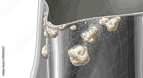 Microscopic view of mineral deposits forming on a metallic surface.