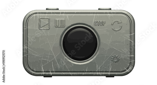 Retro compact camera with scratches, isolated on white.