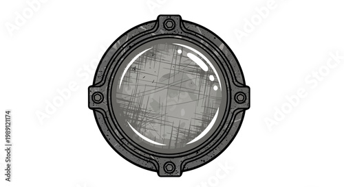 Round metal porthole window with scratched glass, isolated on white