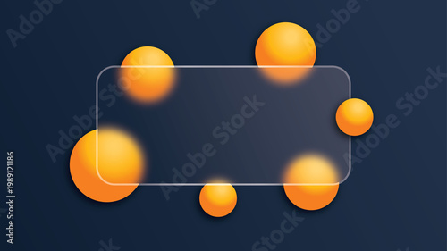 Modern glassmorphism design featuring a translucent frosted glass panel over a gradient background with glowing abstract spheres. Clean and minimal futuristic UI style, perfect