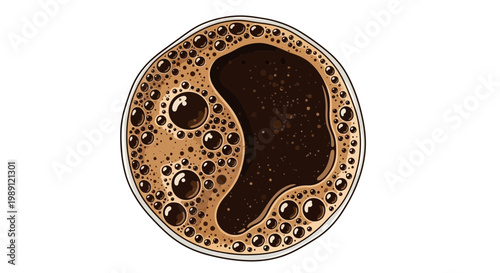 Top view of freshly brewed coffee with rich foam and bubbles in a clear glass
