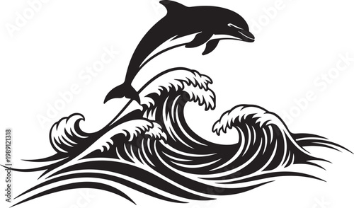 Black dolphin jumping wave, ocean animal vector icon, marine wildlife illustration, sea creature graphic