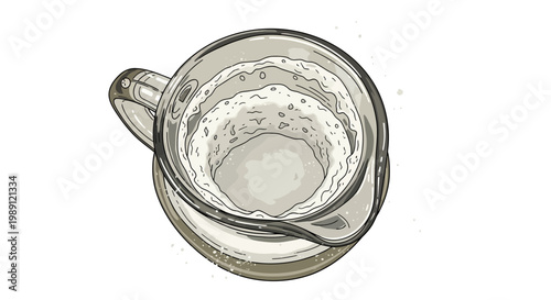 Top view of a glass pitcher filled with milk or creamy liquid with froth