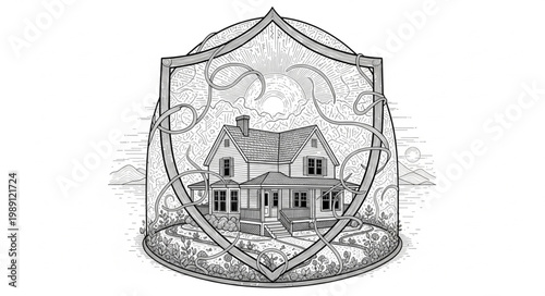 Vintage house protected by ornate shield emblem illustration.