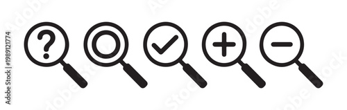 Five black magnifying glass icons with symbols question mark circle check plus minus on transparent.