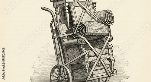 Vintage Hand Truck Loaded with Luggage and Rolled Mats.