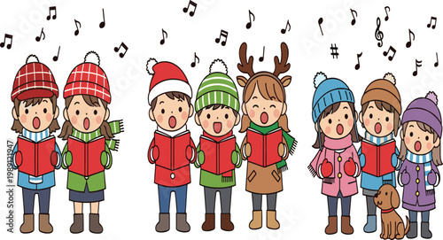Group of diverse children and cute dog singing Christmas carols from red songbooks with musical notes wearing winter hats and festive holiday clothing set on white background vector illustration.