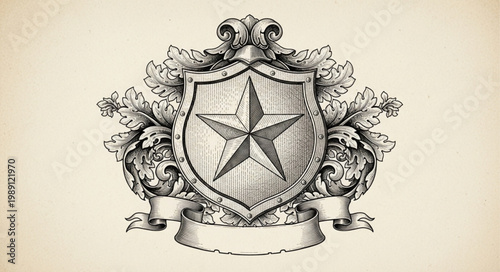 Vintage Heraldic Emblem with Star and Ornate Details.