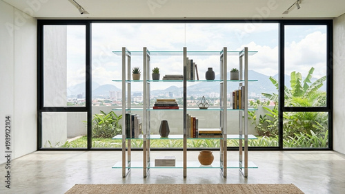 Minimalist glass and chrome bookshelf in a virtual studio background