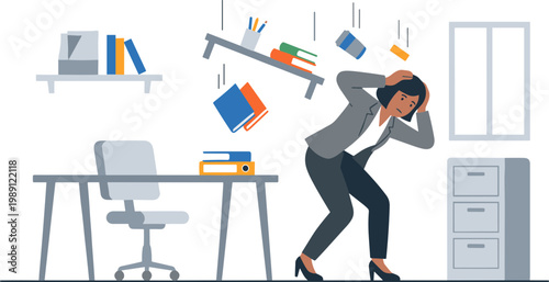 Man covering his ears as books and office supplies fall around him in a chaotic office environment.