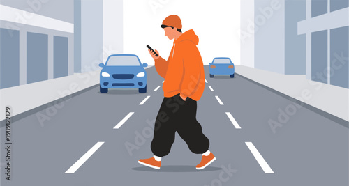 Man walks down city street while texting on smartphone with cars