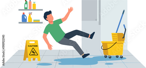 Man slipping on wet floor next to cleaning cart and caution sign indoors