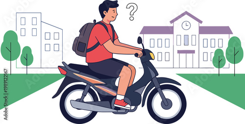 A man rides a motorcycle down a road past buildings and schools