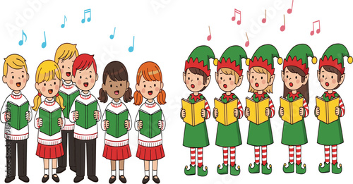 Cute cartoon children and Christmas elves singing carols in a holiday choir, festive kids group with songbooks and musical notes for winter celebration vector