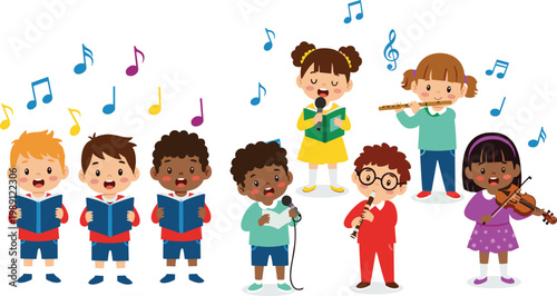 Diverse cartoon children singing in a choir and playing musical instruments like violin and flute, kids school choir performance with musical notes vector.