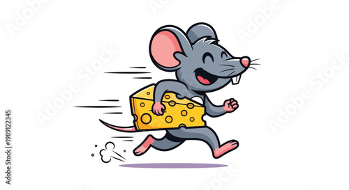 Energetic cartoon mouse mascot joyfully running away with a big block of delicious cheese