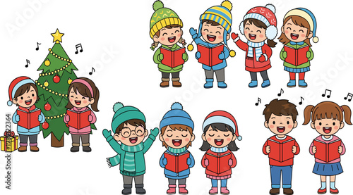 Cute cartoon children in winter clothes singing Christmas carols near a decorated tree, happy kids choir group performing holiday songs with music books vector