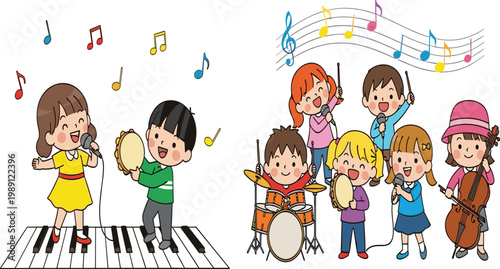 Cute cartoon children playing musical instruments and singing in a school band, kids musical performance with drums, cello, tambourine, and microphone vector.