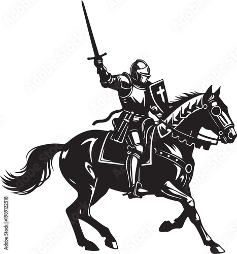 Medieval Knight, Horse, Armor, Sword, Black and White Vector Illustration, Knight Riding, Fantasy Art