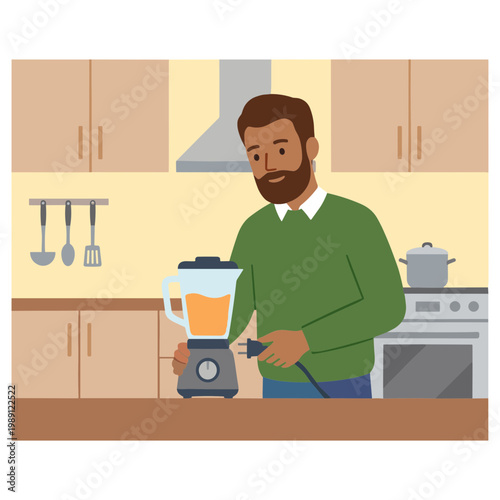 Man blending smoothie in modern kitchen with blender and utensils