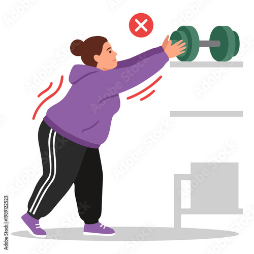 Woman struggles to lift heavy dumbbell while exercising in gym