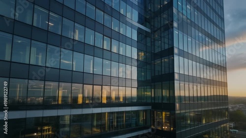 Modern glass office building at sunset with reflections