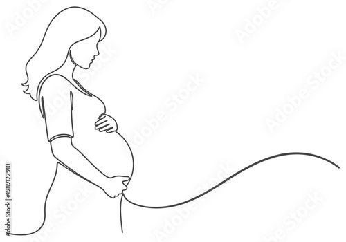 Minimalist Continuous Line Drawing of Pregnant Woman Profile Holding Belly. Motherhood and Maternity Health Concept Outline Illustration.