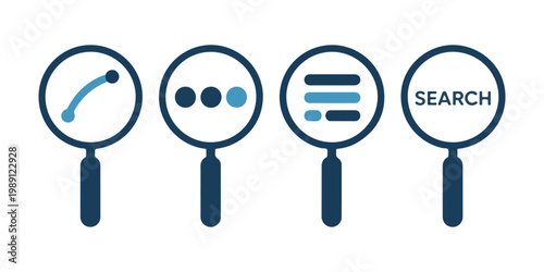 Set of four search icons including curved line, three dots, three lines, and text search on gray background.