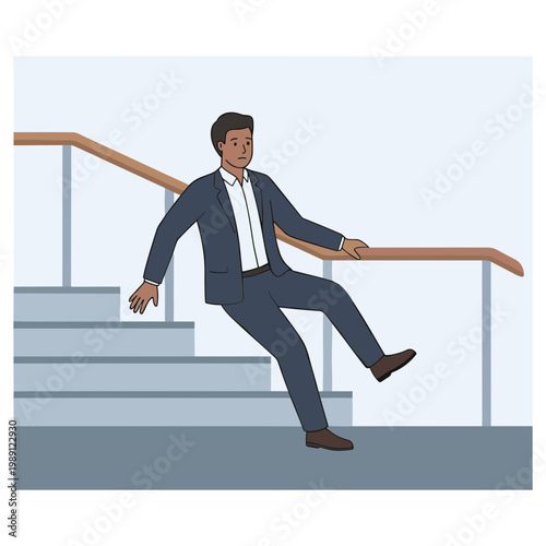 Man in business suit slipping on staircase while holding railing for balance