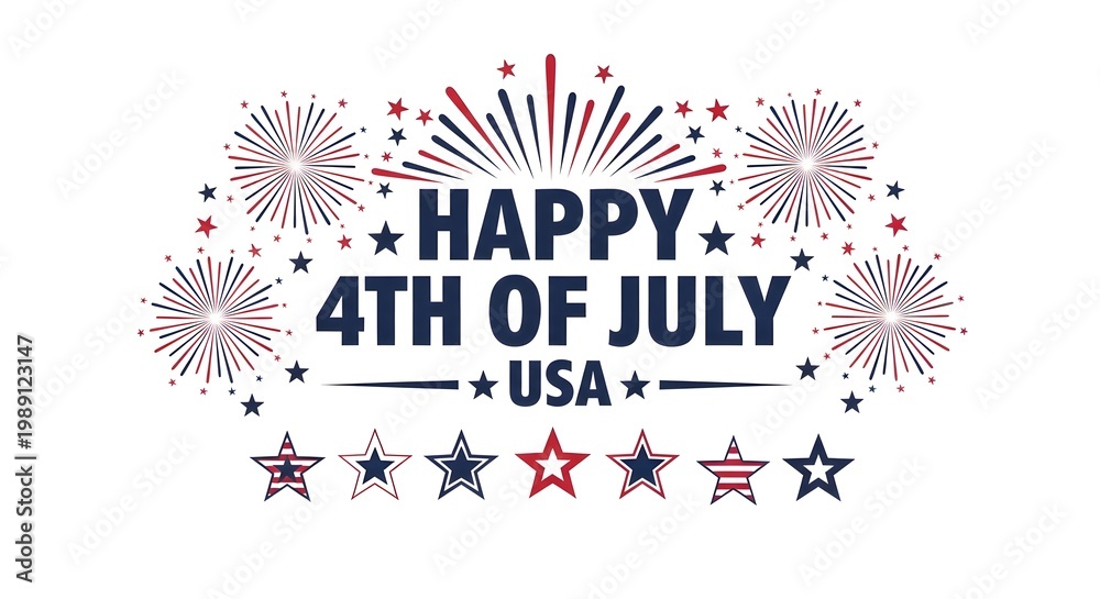 Obraz premium Happy 4th of july usa greeting card design with fireworks and stars isolated on white background