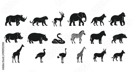 Collection of diverse wild animal silhouettes featuring various African species arranged in neat rows for design