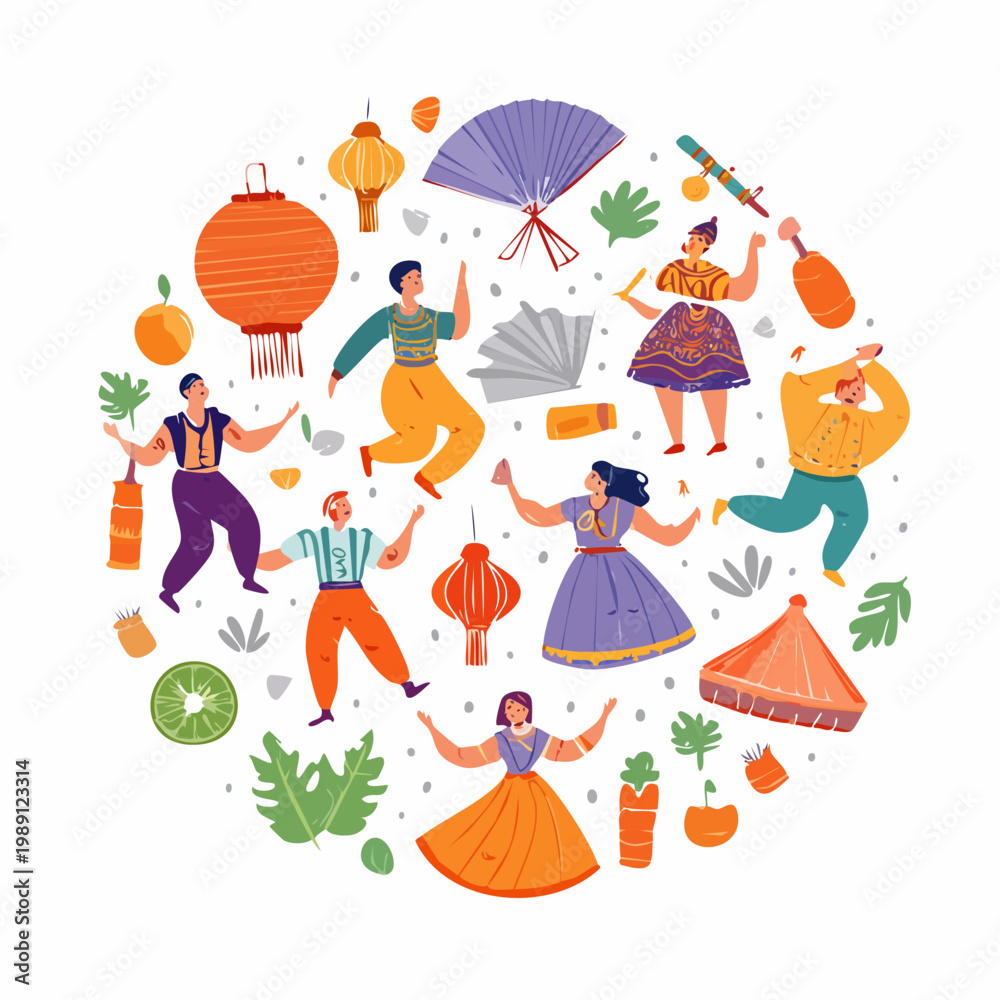 Fototapeta premium Diverse People Celebrating With Traditional Asian Lanterns and Fans, Flat Illustration Style