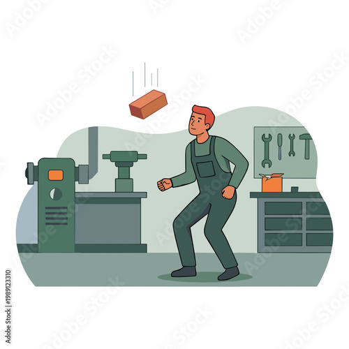 A man in overalls dodges a falling brick in an industrial workshop setting.