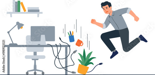 Man jumping from office desk with falling plant and scattered items