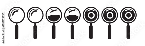 Set of eight black magnifying glass icons showing different internal designs on transparent background.