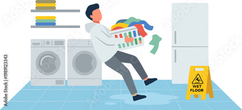 Man slipping on wet floor with laundry in a room with washing machines.