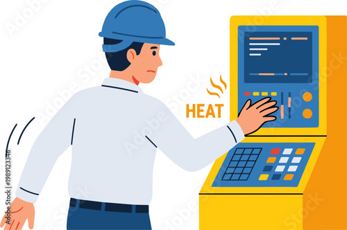 Man in hard hat operates industrial machine with heat button in factory