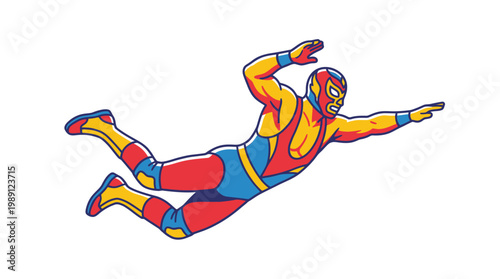 Vibrant Lucha Libre Wrestler Flying Through Air, Agile Professional Champion in Mid-Flight Action, Dynamic Athletic Leap Vector Artwork