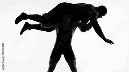Silhouette of two wrestlers in motion, one lifting the other in a powerful display of strength and athleticism