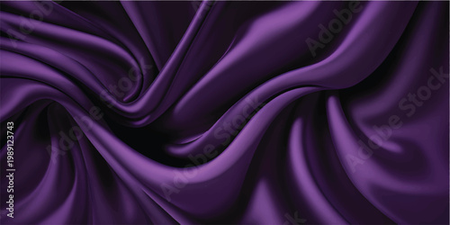 An elegant purple and violet silk fabric texture features smooth flowing waves of soft shiny satin material for a luxury cloth background design