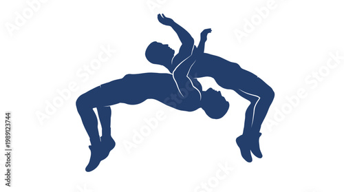 Stylized minimalist blue silhouette of two people engaged in dynamic acrobatic movement, symbolizing athletic performance, balance, and synergy