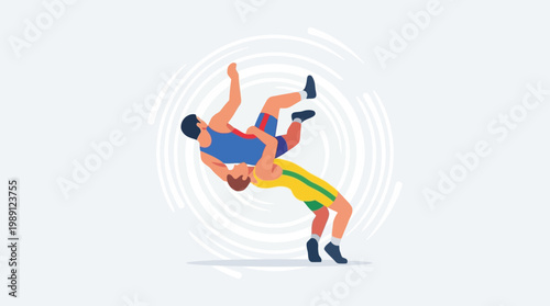 Dynamic illustration of two male athletes engaged in a wrestling match, showcasing strength and competitive spirit in a professional sports contest