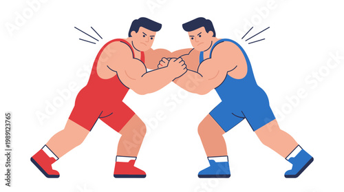Dynamic illustration of two male athletes engaged in a spirited wrestling match, showcasing intense physical competition and strength in a sports arena concept