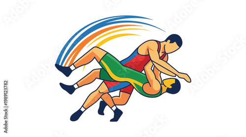 Dynamic illustration of two professional wrestling athletes in a powerful grappling move, depicting intense competitive spirit and athletic strength in action