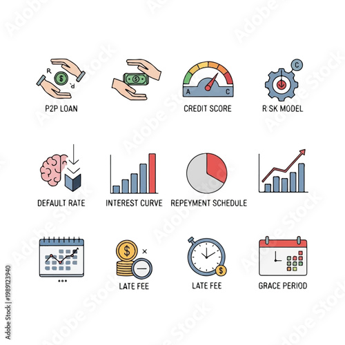 Financial Icons Representing Loans and Credit Management.