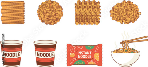 Vector illustration of instant noodles showing uncooked blocks, cups, packet, and steaming bowl with chopsticks