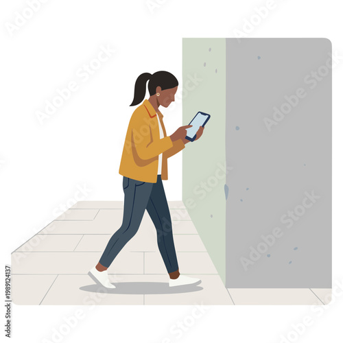 A woman walks down a hallway while listening to music and using her tablet.